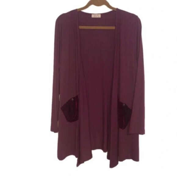 Mina et Bina Cardigan Open Front Lightweight Plum XL Velvet Pockets - Picture 1 of 9
